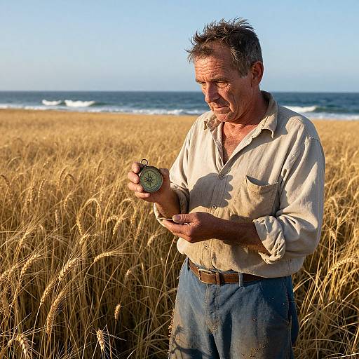 Photograph of an older, weathered man in a beige shirt and blue jeans, standing in a golden wheat field, examining a compass with focused expression