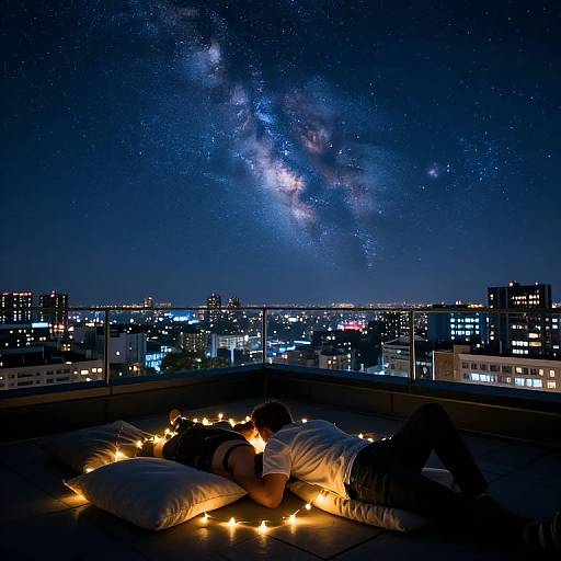 Photograph of a couple lying on a rooftop bed, gazing at a starry night sky and city lights, surrounded by string lights.