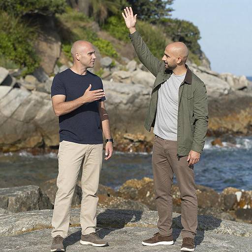 Two Bald Men Standing on Rocky Coastline