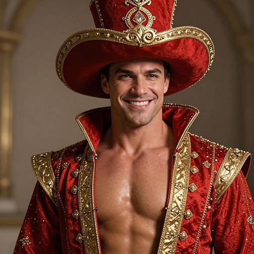 Photograph of a muscular, smiling man in a red and gold, ornate, open-collared royal coat and matching hat, showcasing his defined