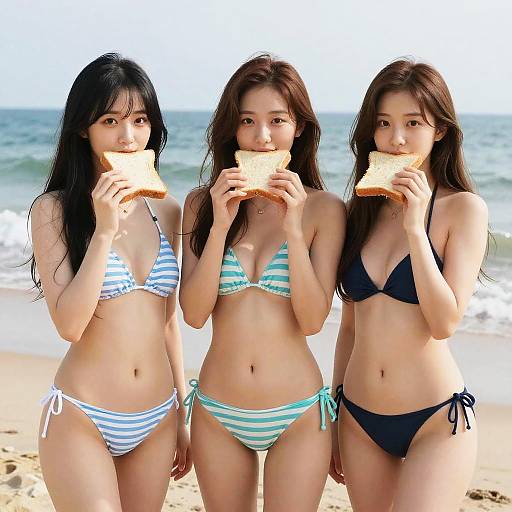Three Women in Bikinis Eating Sandwiches on Beach