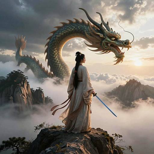 Taoist Priest with Sword and Dragon at Sunset