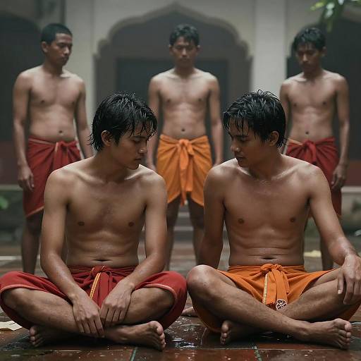 Group of Shirtless Men in Traditional Loincloths Sitting and Standing Indoors