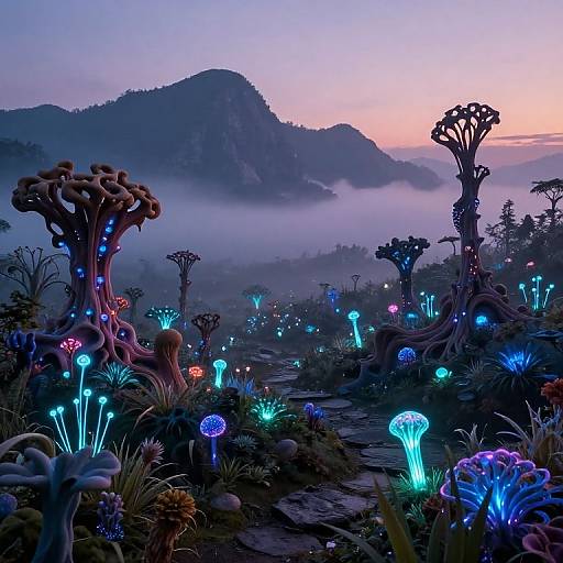 Fantastical alien forest at twilight, illuminated by vibrant, bioluminescent mushrooms and plants, with mist-covered mountains in the background. Digital art