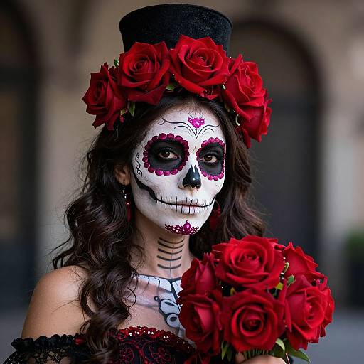 Sugar-Skull Woman with Red Roses