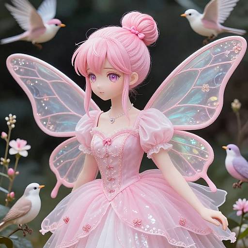 Digital anime-style fairy girl with pink hair, purple eyes, pink dress, translucent butterfly wings, surrounded by flying birds, in a floral garden.