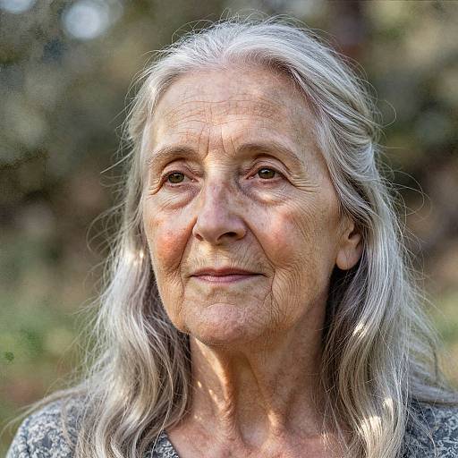 Photograph of an elderly woman with long, silver-gray hair, wrinkled face, and gentle smile, wearing a gray patterned top, outdoors.