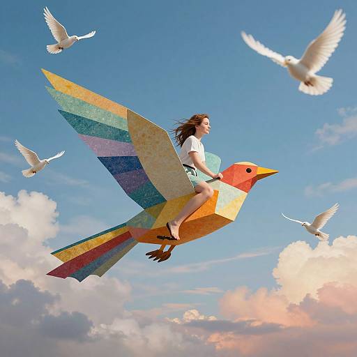 Photograph of a woman with long brown hair riding a colorful, rainbow-striped bird against a bright blue sky with white and pink clouds, surrounded by flying
