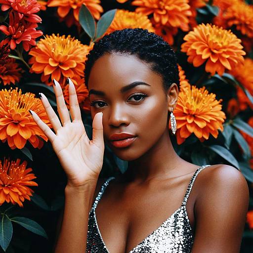 African-American Woman with Metallic Makeup and Orange Flowers