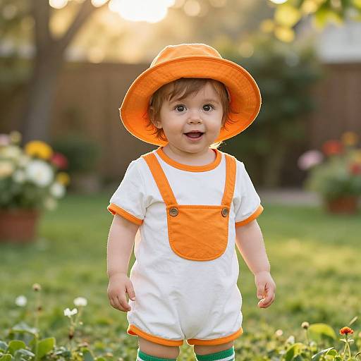 Photograph of a cute baby with light brown hair, wearing an orange hat and white overalls with orange accents, standing in a sunny garden.