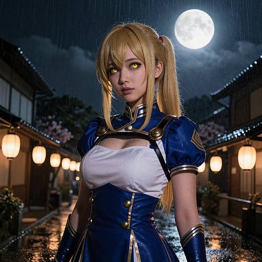 CGI anime-style woman with blonde pigtails, glowing yellow eyes, blue and white outfit, standing in a rainy, moonlit Japanese street.