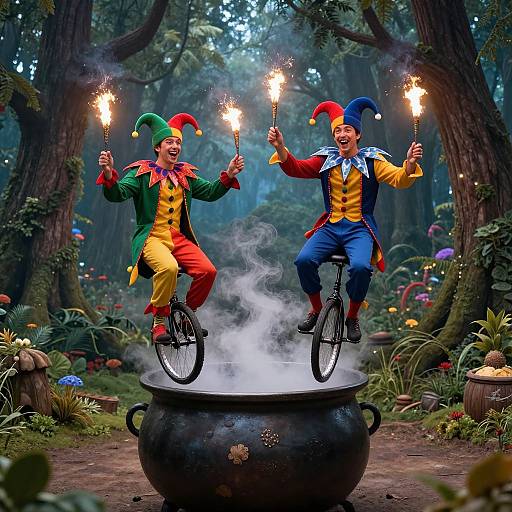 Whimsical Jesters Juggling on Cauldron