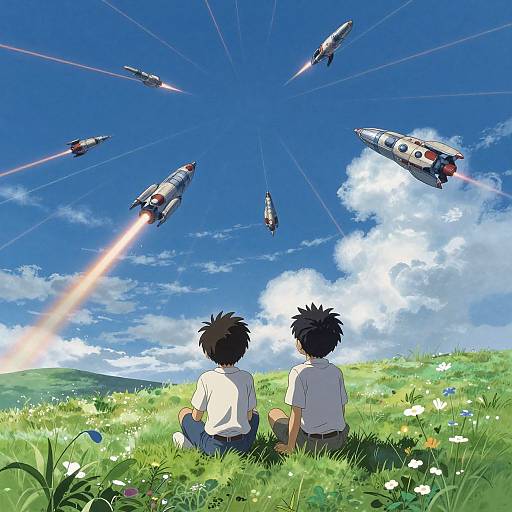Anime-style digital illustration of two boys with spiky black hair, sitting on a grassy hill, watching six rockets launch into a bright blue sky with