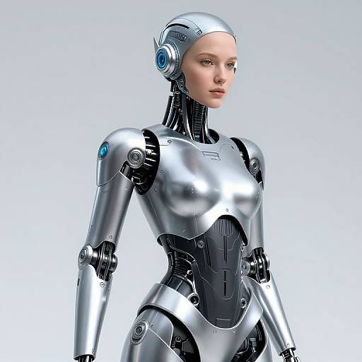 CGI image of a silver, human-like female robot with blue accents, sleek metallic skin, and a calm expression against a white background.