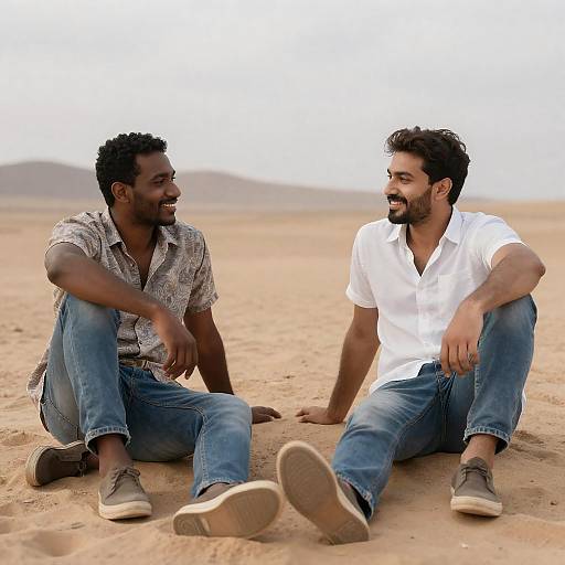 Two Men Sitting and Smiling in Desert