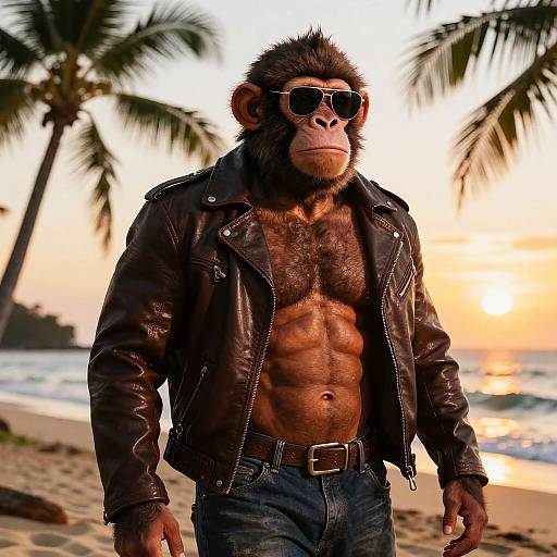 Photograph of a muscular, shirtless anthropomorphic gorilla wearing sunglasses, black leather jacket, and blue jeans, standing on a beach at sunset with