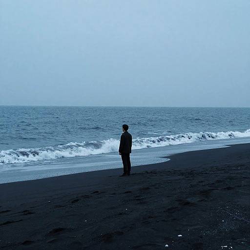 Lone figure on black sand beach