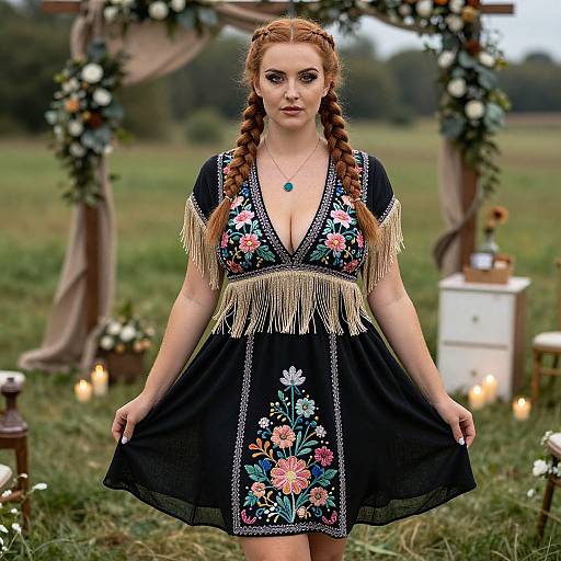 Photograph of a red-haired woman with braids in a black floral dress with gold fringe, standing in a grassy outdoor wedding setting with floral arch