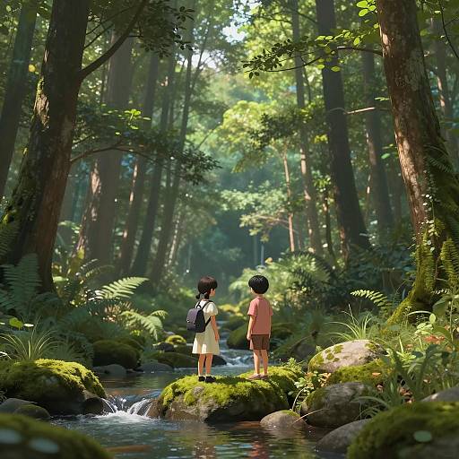 Children in a Serene Forest Setting