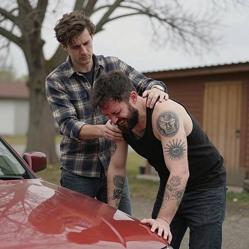 Man Supporting Painful Tattooed Friend Outdoors