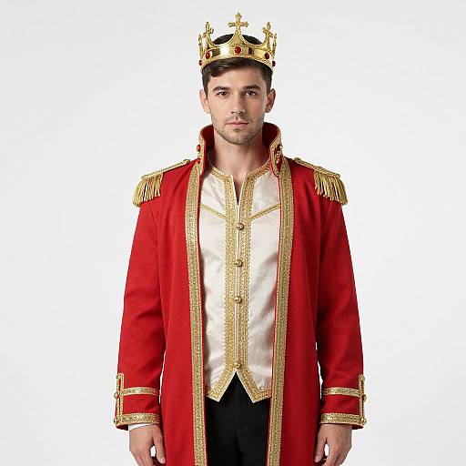 Photograph of a handsome man with short dark hair, wearing a gold-crowned red regal coat with white shirt and gold epaulettes,