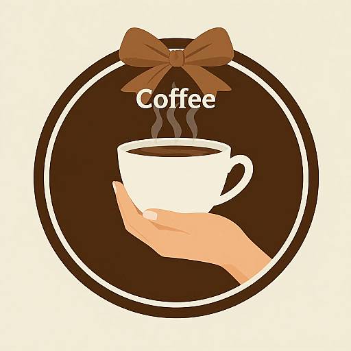 Digital illustration of a hand holding a steaming white coffee cup, topped with a brown bow, within a brown circular logo with 