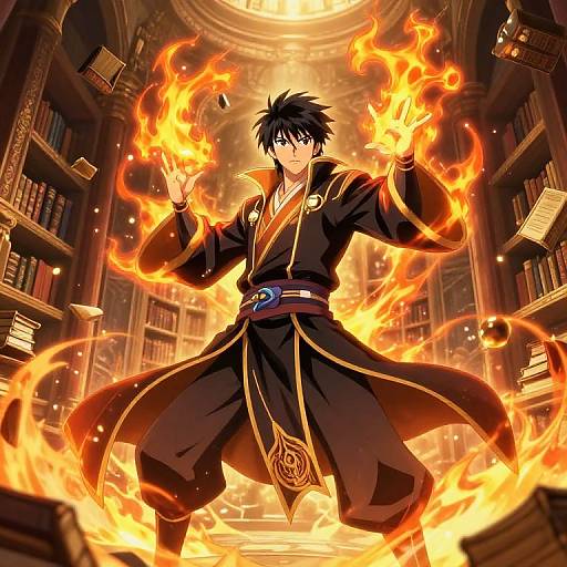 Anime-style illustration of a black-haired, blue-eyed male mage in a black, gold-trimmed robe, conjuring fiery flames in a grand,
