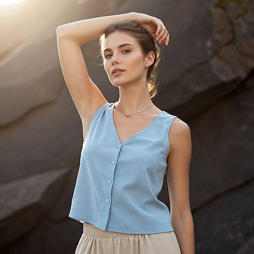 Photograph of a young woman with fair skin and dark hair, wearing a light blue sleeveless top and beige skirt, standing against a rocky background with