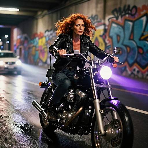Woman Riding Motorcycle in Urban Underpass at Night