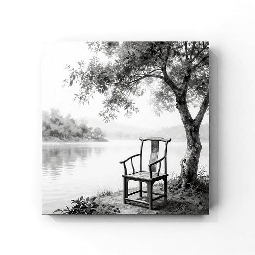 Greyscale Tree and Chair by Water