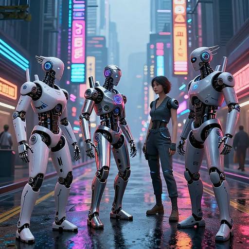 Cyberpunk street scene: Woman in jumpsuit converses with three white, glowing androids under neon-lit skyscrapers, wet road reflecting
