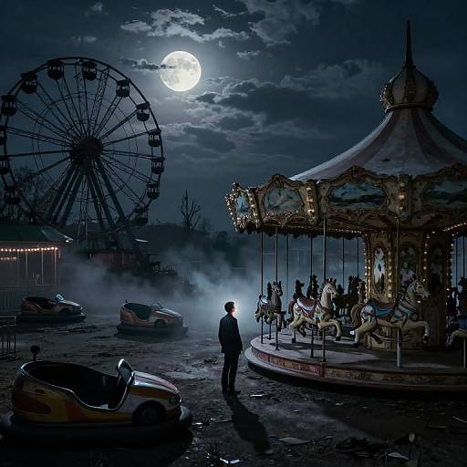 Moody night scene: Silhouetted man stands by ornate carousel under full moon, foggy carnival, vintage cars, Ferris wheel in