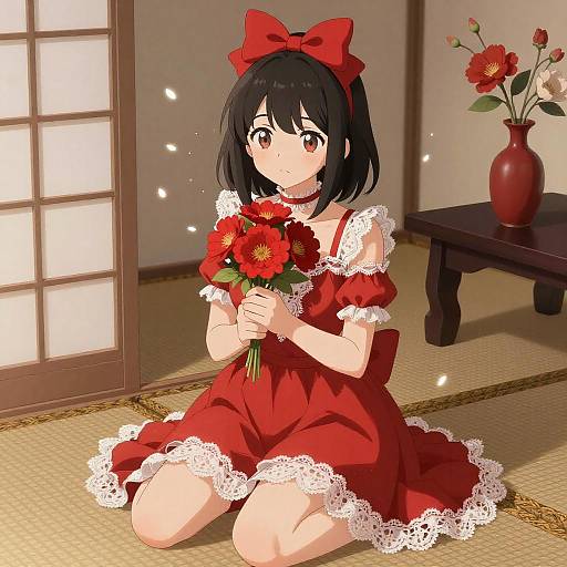 Anime Girl with Red Bow and Flowers