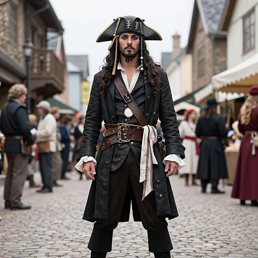 Photograph of a bearded man in a black pirate costume with tricorn hat, long coat, and brown belt, standing in a cobblestone