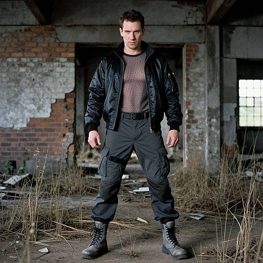 Photograph of a serious, muscular man in a black jacket, mesh shirt, and cargo pants standing in a dilapidated, abandoned building with brick