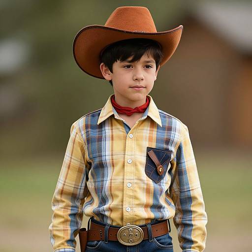 Photograph of a young boy with fair skin, dark hair, wearing a brown cowboy hat, yellow and blue plaid shirt, red scarf, and