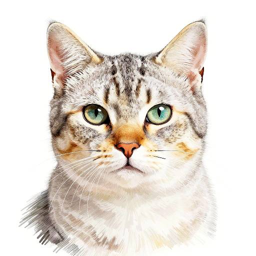 Photorealistic digital portrait of a tabby cat with green eyes, orange nose, and white, gray, and black fur, set against a plain