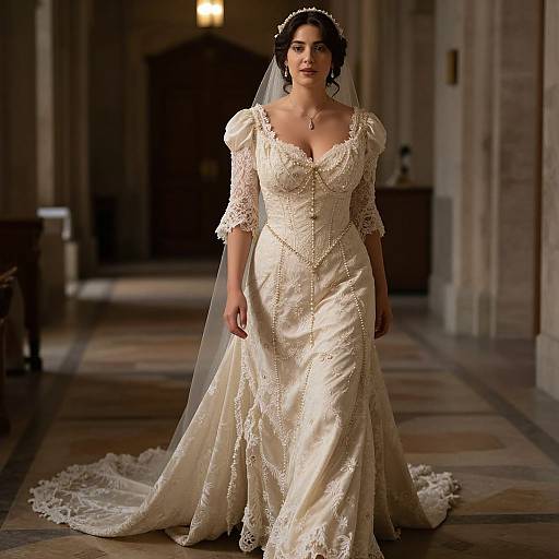 Photograph of a beautiful brunette bride in an elegant, cream-colored lace wedding gown with puffed sleeves, standing in a dimly lit, historic hallway