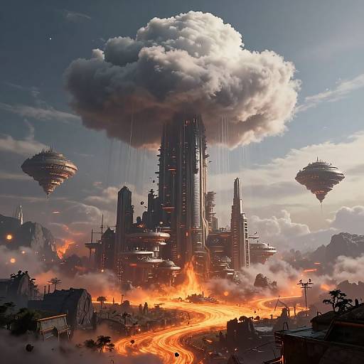 Digital artwork of a futuristic city engulfed in flames, with towering skyscrapers, dark clouds, and two floating spaceships in the sky.