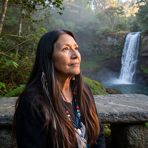 Photograph of a middle-aged Native American woman with long black hair, wearing beaded necklace, gazing at a misty waterfall in a forest.