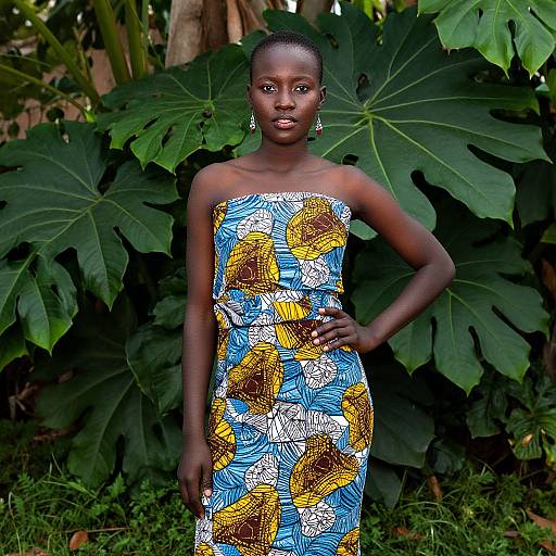 Photograph of a tall, dark-skinned woman with short hair, wearing a strapless, colorful patterned dress, standing against large green leaves,