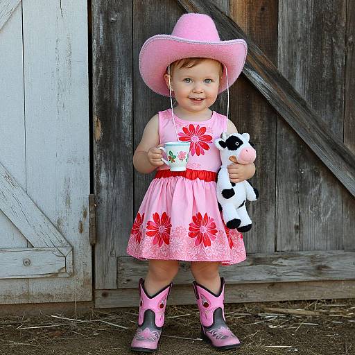 Photograph of a smiling toddler girl in a pink hat, pink dress with red flowers, holding a black-and-white stuffed animal, wearing pink cowboy boots