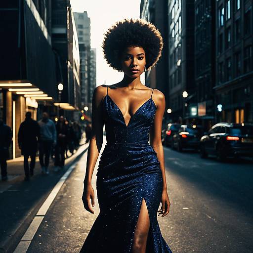 Woman in Evening Gown with Afro Hairstyle on Urban Street