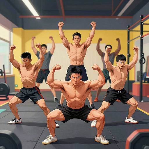 Digital illustration of five muscular Asian men in a gym, performing a squat and arm raise exercise, wearing black shorts and white sneakers. Background features gym equipment