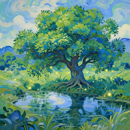 Vibrant digital painting of a large, leafy tree with glowing fireflies beside a reflective pond in a swirling blue-green landscape.