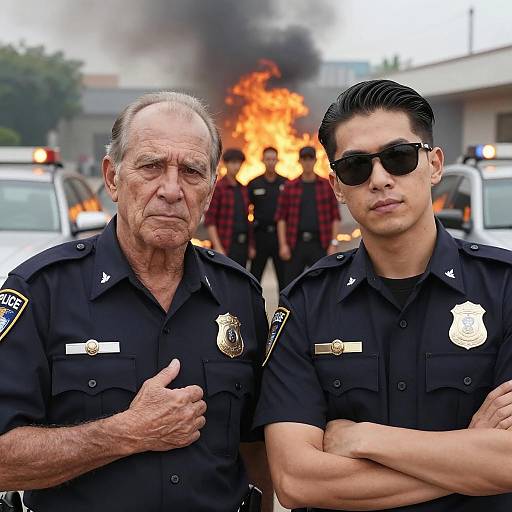 Intense Police Duo Amidst Flames