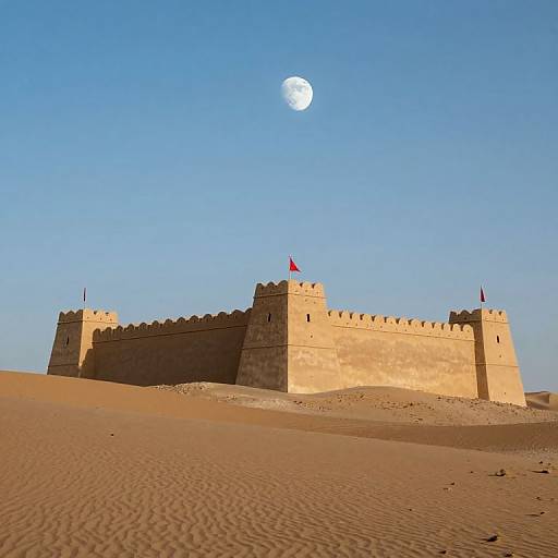 Photograph of a sandcastle-like fortress with crenellations, two red flags, and a bright full moon in a clear blue sky over rip