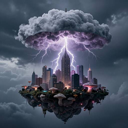 Digital artwork: Floating cityscape under a stormy cloud with bright purple lightning bolts illuminating skyscrapers, surrounded by dark clouds and eerie lights.