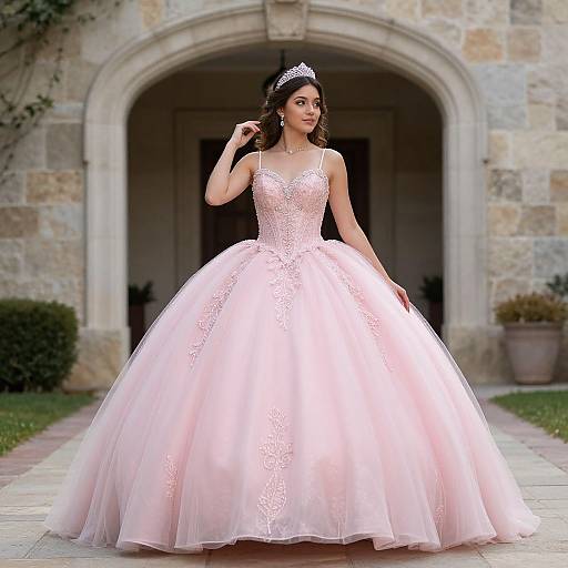 Photograph of a young woman with medium skin tone and dark hair, wearing a sparkling pink ball gown and tiara, standing in front of a stone