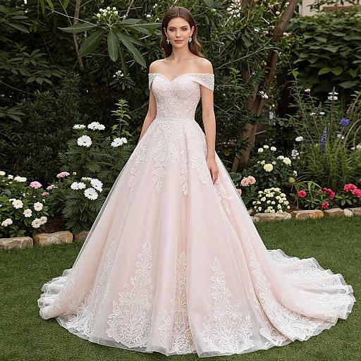Photograph of a slender woman with fair skin and brown hair, wearing an off-shoulder, white lace wedding gown with a full, flowing skirt
